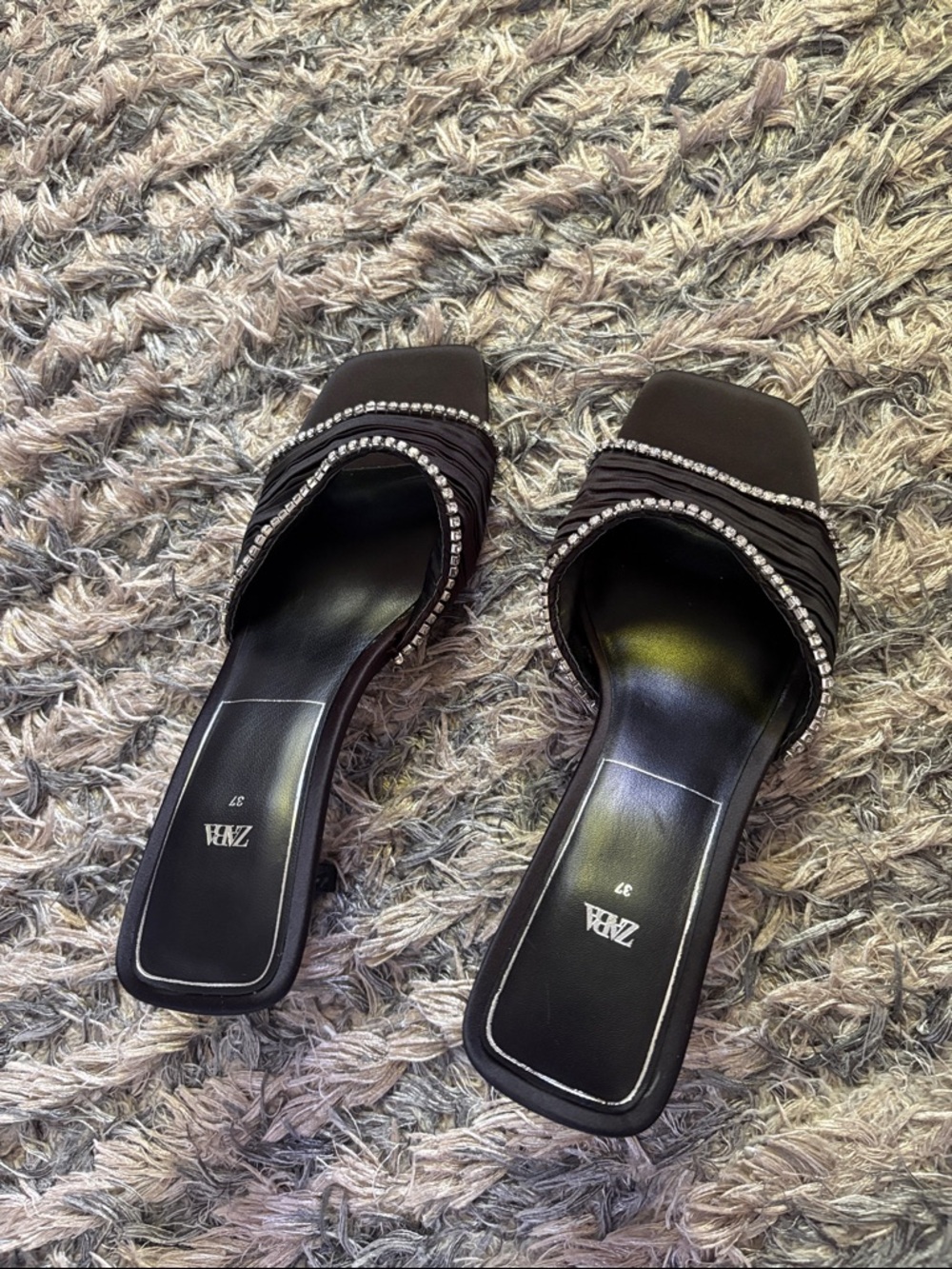 New Zara Black Ruched Crystal-Trim Slide Heels Size 37 - Picture 2 of 8